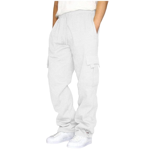 Hsovts Cargo Sweatpants for Men Drawstring Baggy Sweatpants Loose Fit Joggers Open Bottom Athletic Pants with Pockets White XL