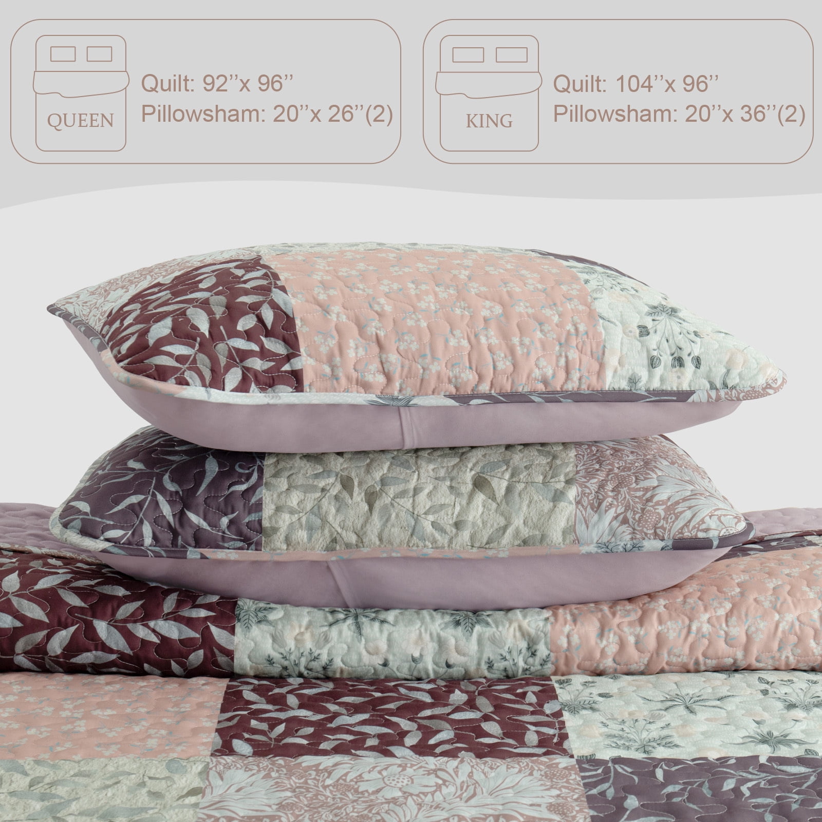 Exclusivo Mezcla Reversible Boho Quilt Set King Size, 3 Pieces Patchwork Brown All Season Bedspreads, Ultra Soft Floral Coverlet Bedding Set with Printed Pattern (1 Quilt, 2 Pillow Shams)