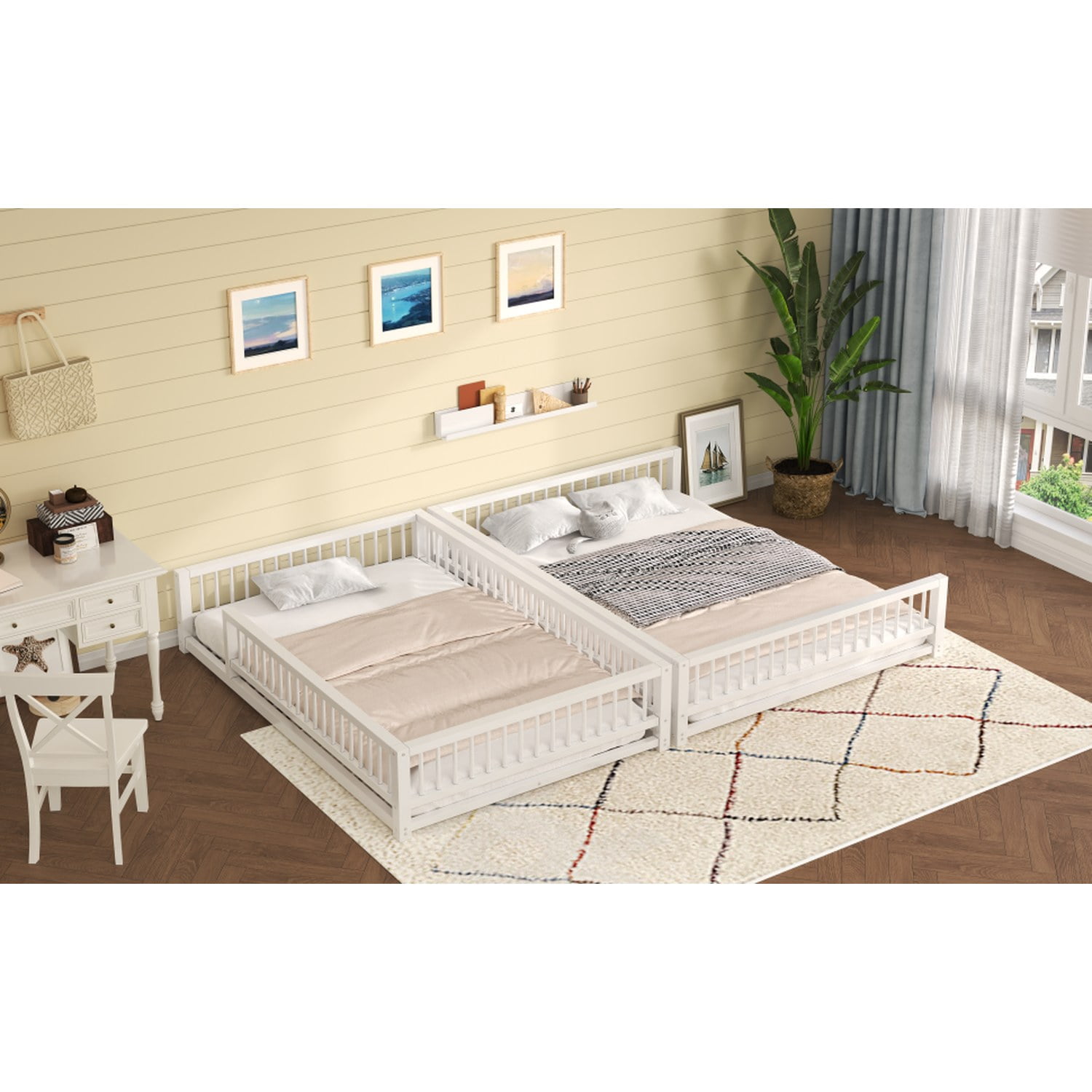 Full XL over Queen Floor Bunk Bed Frame with Ladder and Safety Guardrails, Easy Assemble, White