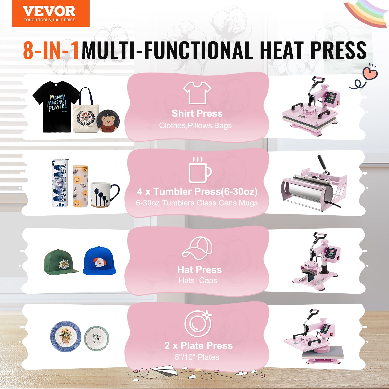VEVOR Heat Press Machine, 12 x 15 inch, 8 in 1 Heat Transfer Machine with 6-30 oz Tumbler Press, 360° Swing Away T-Shirt Pressing, Digital Precise Control, for T-Shirts/Mugs/Hats/Plates, Pink