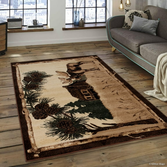 Brown Nature Wildlife Outdoor Cabin Bear with Fish Area Rug (3' 9" x 5' 1")