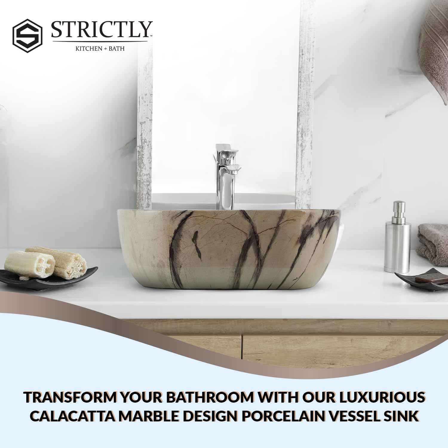 Strictly Sinks 20" Bathroom Vessel Sink Calacatta Marble Design Ceramic Countertop Luxurious Sink