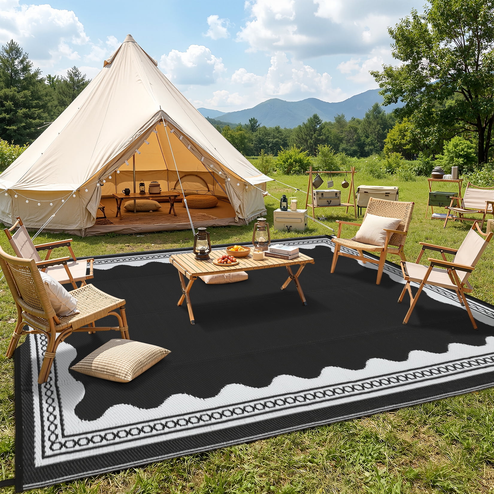 Garvee Outdoor Rug 8x10ft Modern Bordered Reversible Plastic Straw Rug, Waterproof RV Camping Rug Foldable Patio Rug for Deck Porch Balcony Backyard Picnic Beach, Black/White