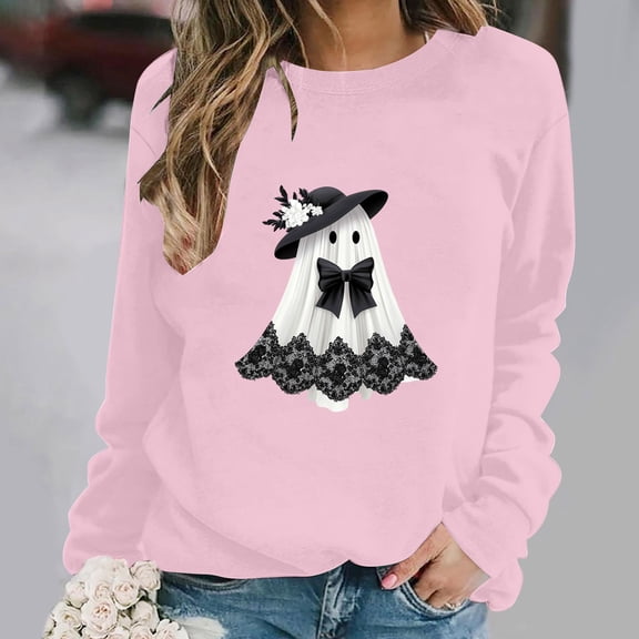 Women's Cute Ghost Graphic Sweatshirts Funny Halloween Pullover Tops Casual Long Sleeve Crewneck Shirts Loose Fit Fall Clothes Novelty Holiday Graphic Tees