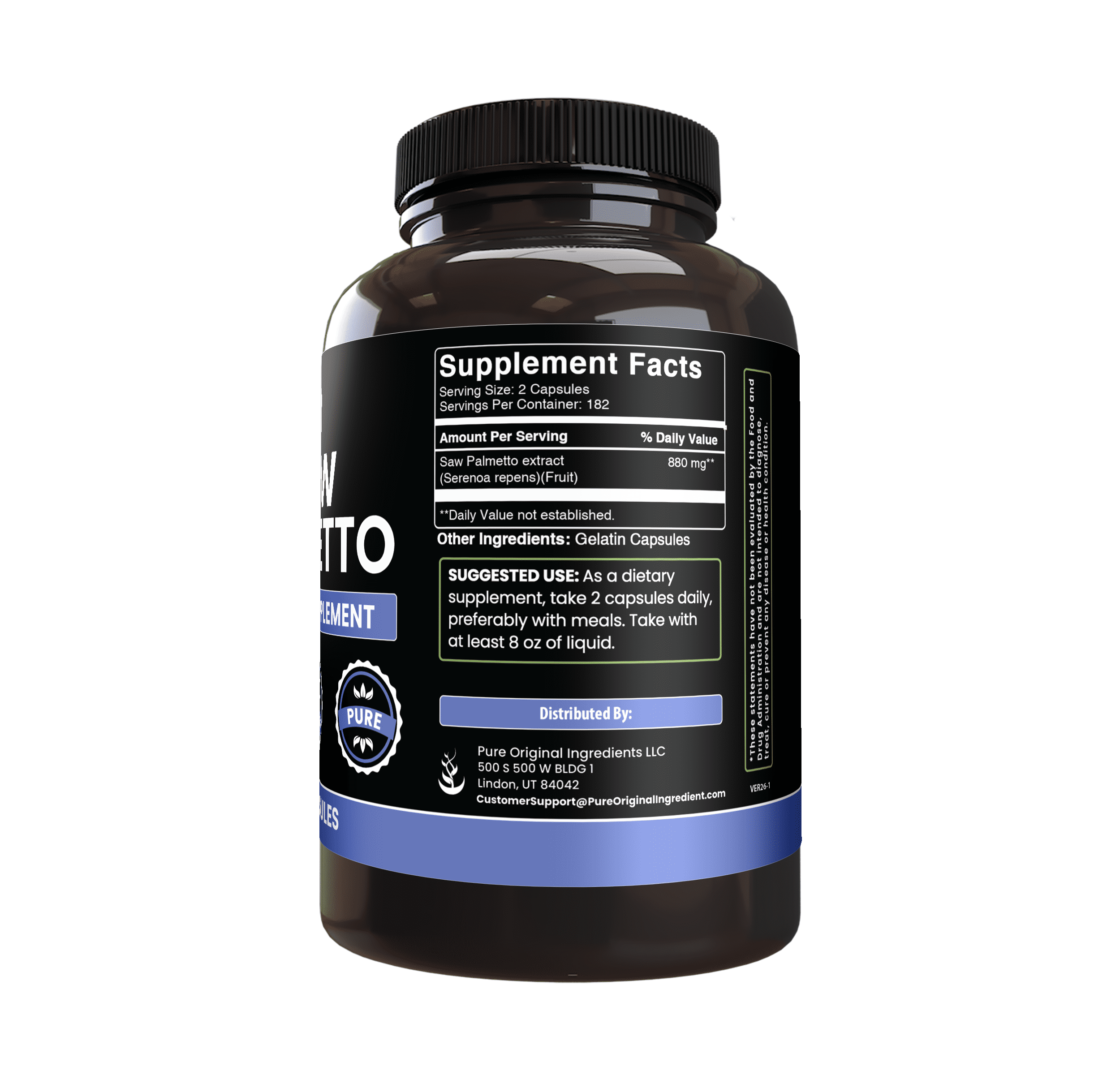 PURE ORIGINAL INGREDIENTS Saw Palmetto 365 Capsules No Magnesium Or Rice Fillers, Always Pure, Lab Verified