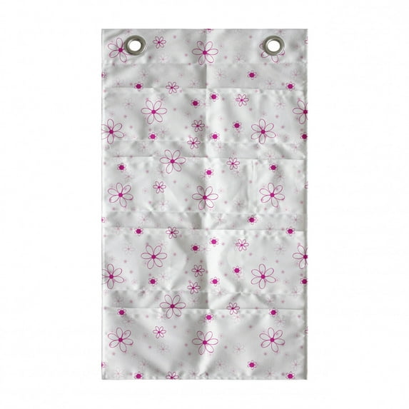 Cartoon Hanging Pocket Organizer, Pattern with Flowers Simple Classic Art Springtime Garden Cheerful, Printed Polyester Storage Bag with Pockets, 21" x 31", Magenta Fuchsia White