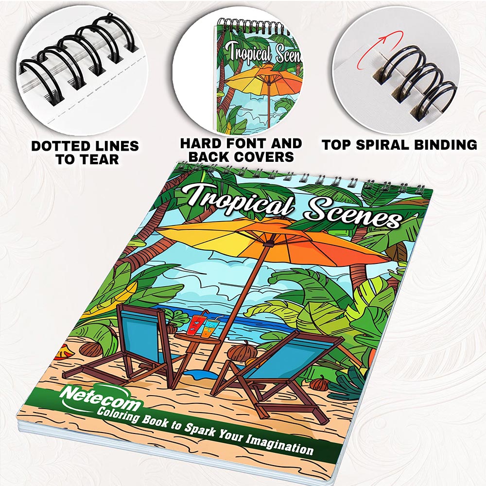 Netecom Tropical Scenes Coloring Book for Adults, Spiral Bound, Soft Cover