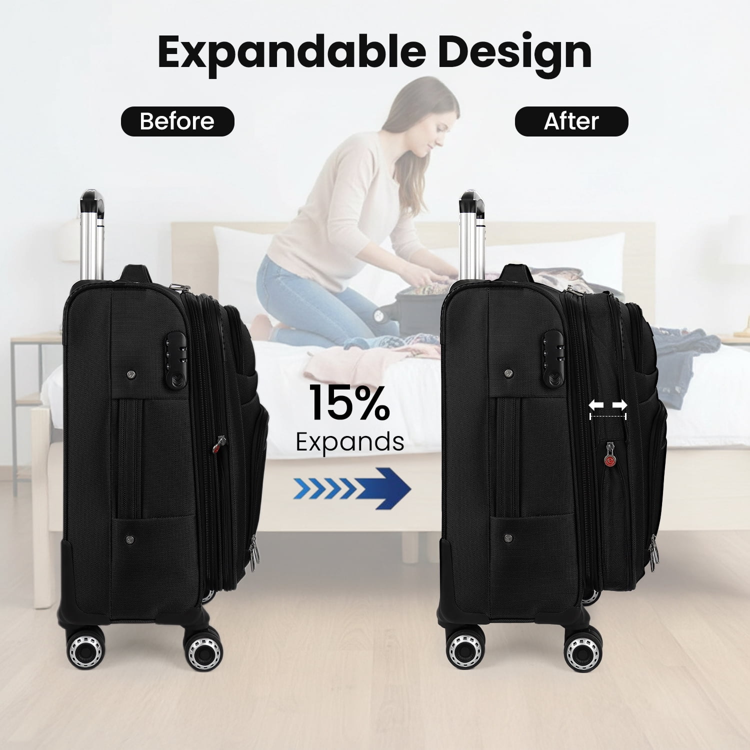 30" Softside Large Checked Luggage Lightweight Expandable Suitcase with Spinner Wheels & TSA Lock,Black - WD1622