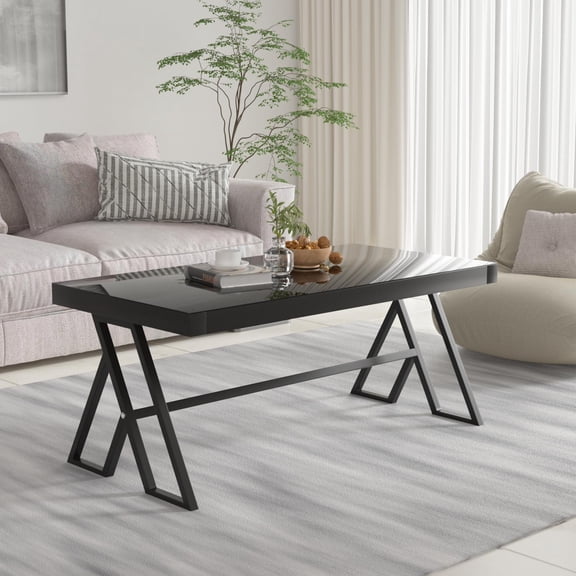 46" Luxury Living Room Coffee Table Black Glass Top with Metal Legs & Shelf