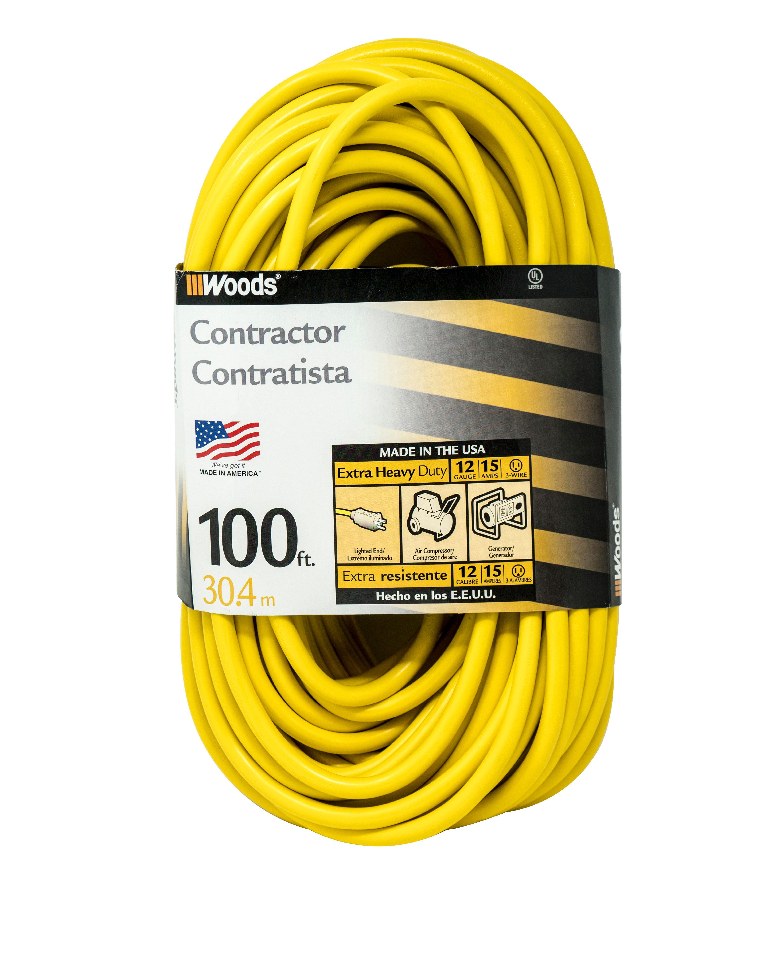MADE IN USA 100' 12 Gauge Black Heavy Duty Cord with Lighted Triple Outlet 