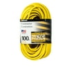 Woods 992555 12-Gauge Extra Heavy Duty 100 ft Extension Cord, Yellow 3 Prong Outdoor Extension Cord with Cord Clip, Water Resistant, Reinforced Blades, SJTW High Visibility Vinyl Jacket
