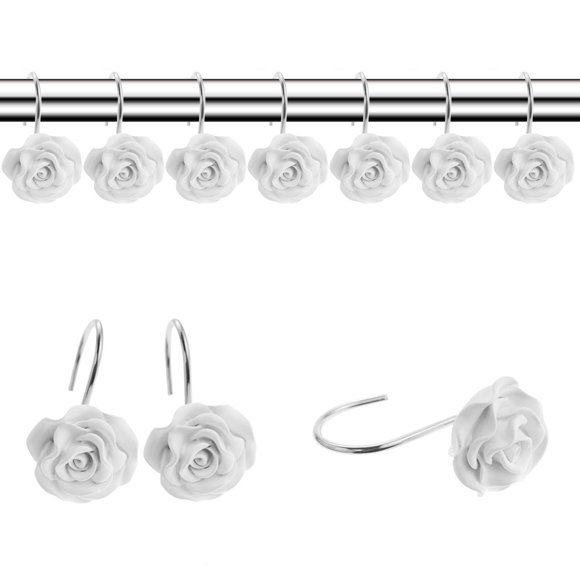 FINROS 12 PCS Home Fashion Decorative Anti Rust Shower Curtain Hooks Rose Design Shower Curtain Rings Hooks (White) White
