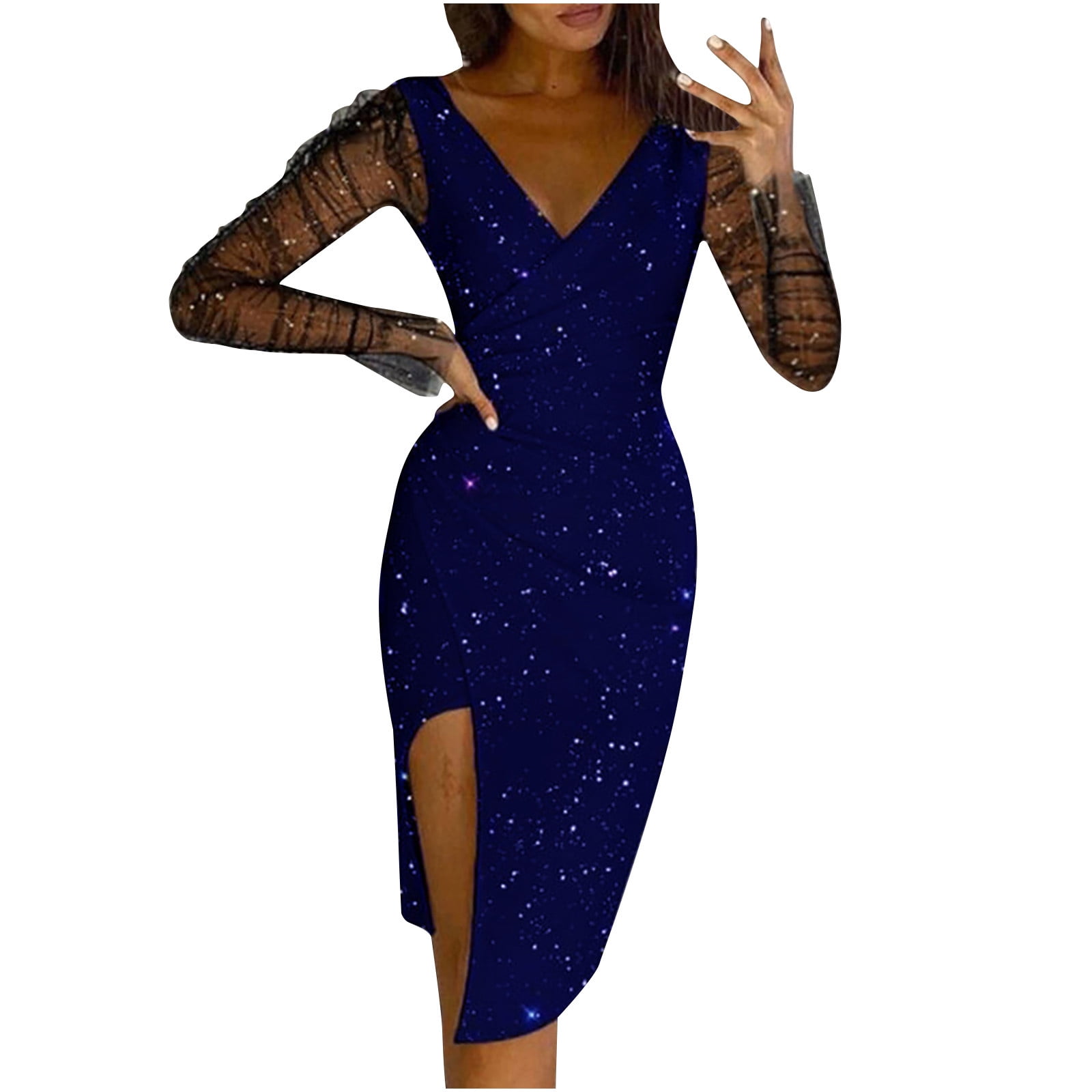 Women's Elegant Classy Party Dress Sheer Mesh Long Sleeve Sparkly Dress Evening Gowns Vneck