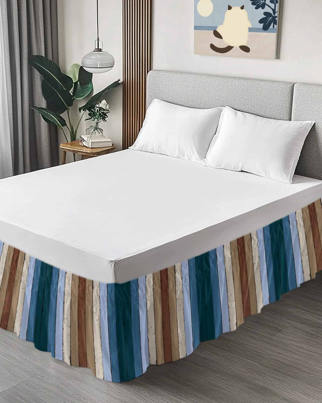 Brown Deep Blue Ruffle Bed Skirt California King Size Modern Vintage Wood Texture Rectangle Adjustable Elastic Dust Bed Skirts Wrap Around Bedskirt Wrinkle Free Easy Fit with 16 Inch Drop