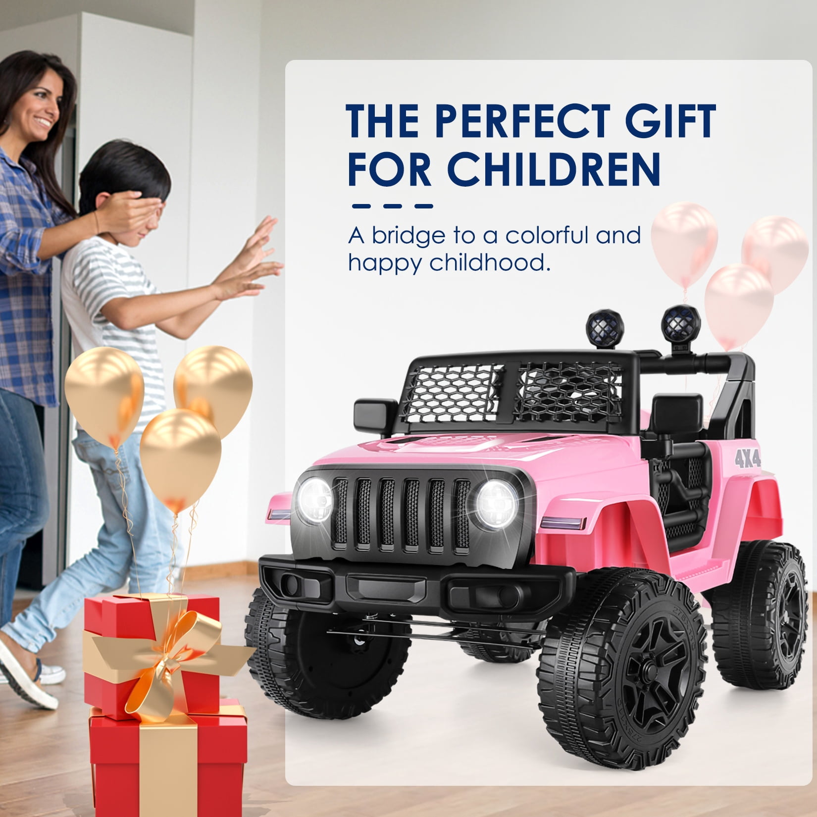 Funcid 12V 7AH Kids Powered Ride on Truck Car with Parent Remote Control, Bluetooth Music, Spring Suspension, LED Lights - Pink