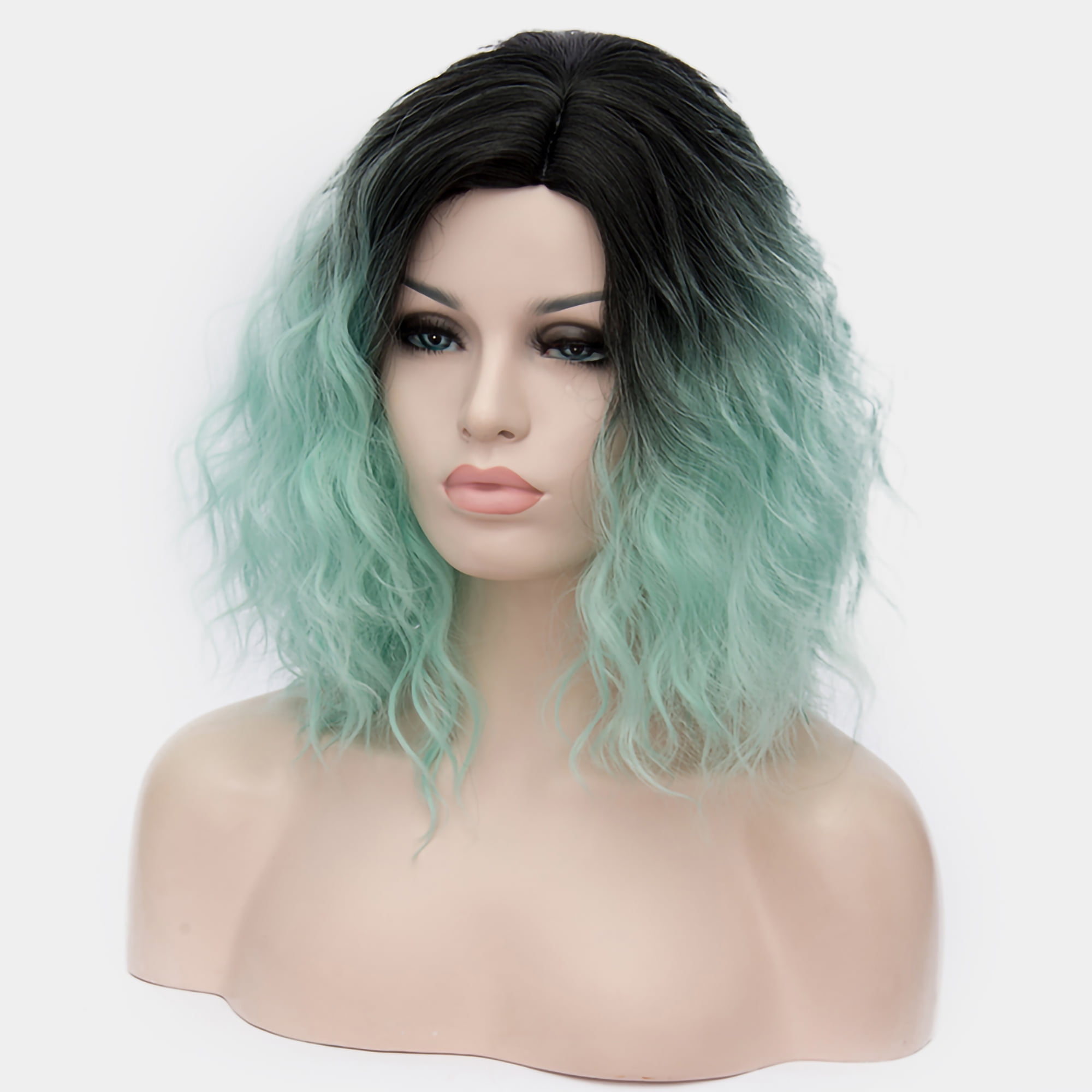 Unique Bargains Human Hair Wigs for Women Lady Curly Wig Cap Fluffy Curly Wavy Mint Green