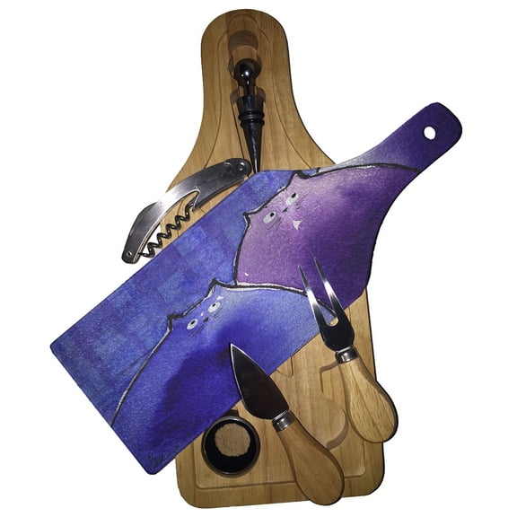 KuzmarK Wine & Cheese Glass Cutting Board Wood Box Gift Set - Blue and Purple Chunky Kitties Abstract Cat Art by Denise Every