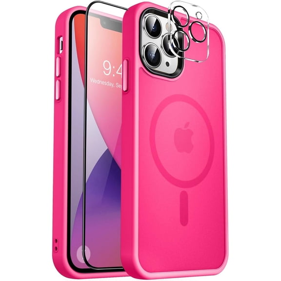 Strong Magnetic for iPhone 13 Pro Max Case,[Compatible with Magsafe][Glass Screen Protector Camera Lens Protector] Slim Thin Shockproof Cover Phone Case for iPhone 13 Pro Max 6.7", Hot Pink