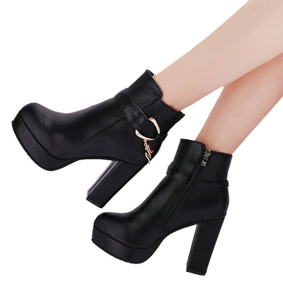 POROPL Ankle Boots for Women Winter Fall High Heel Leather Fleece Warm Shoes,Boots Size 4.5
