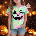 thumbnail image 2 of KPOPLK Girls Halloween T Shirt Cute Tie Dye Graphic Short Sleeve Crew Neck Kids Fall Party Top Size 6-7 Years,Light Green, 2 of 5