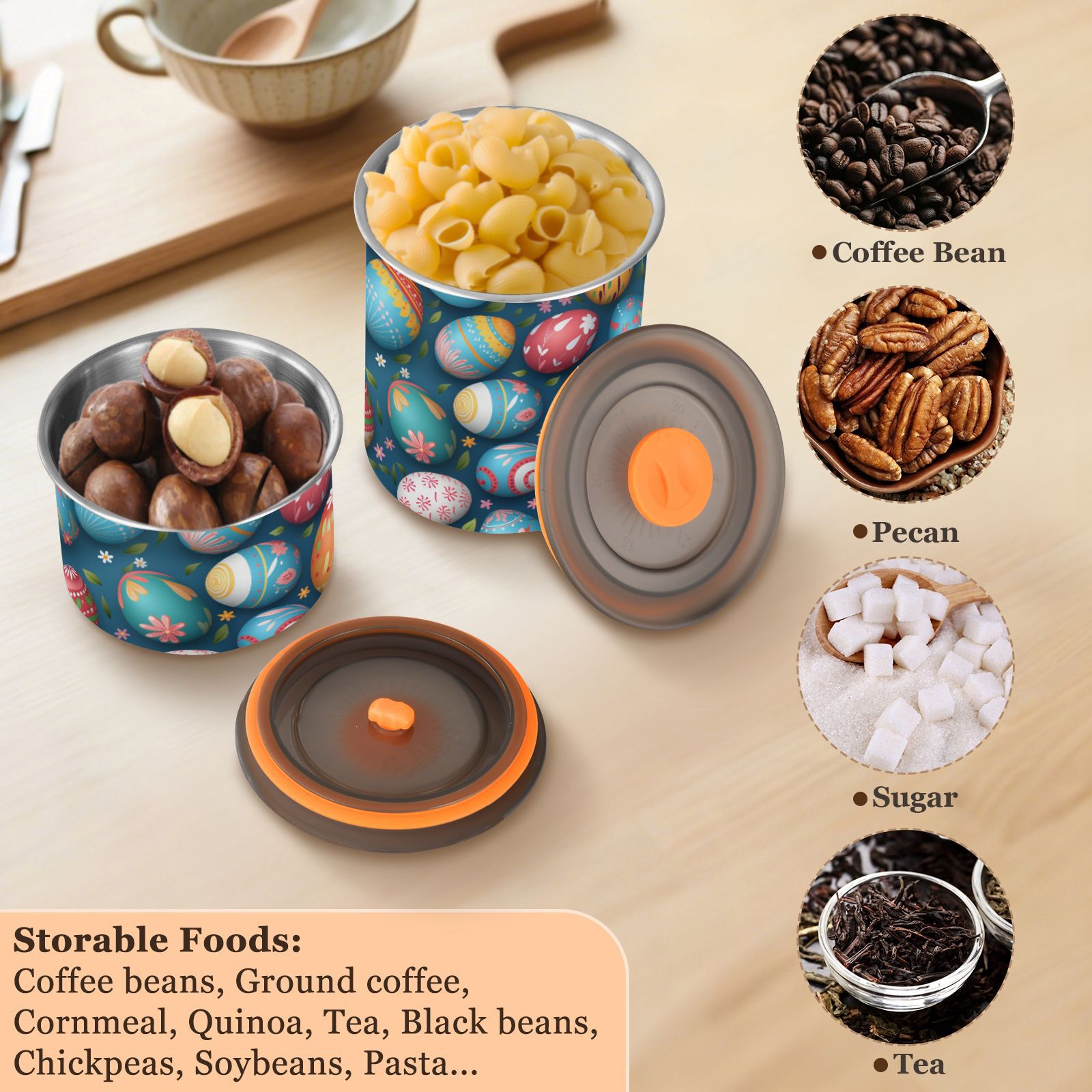 Easter Eggs Airtight Coffee Bean Canister 30oz Food Storage Containers with Lids For Gournd, Tea, Sugar, Flour, Rice, Cereal, Candy Cookie Jar