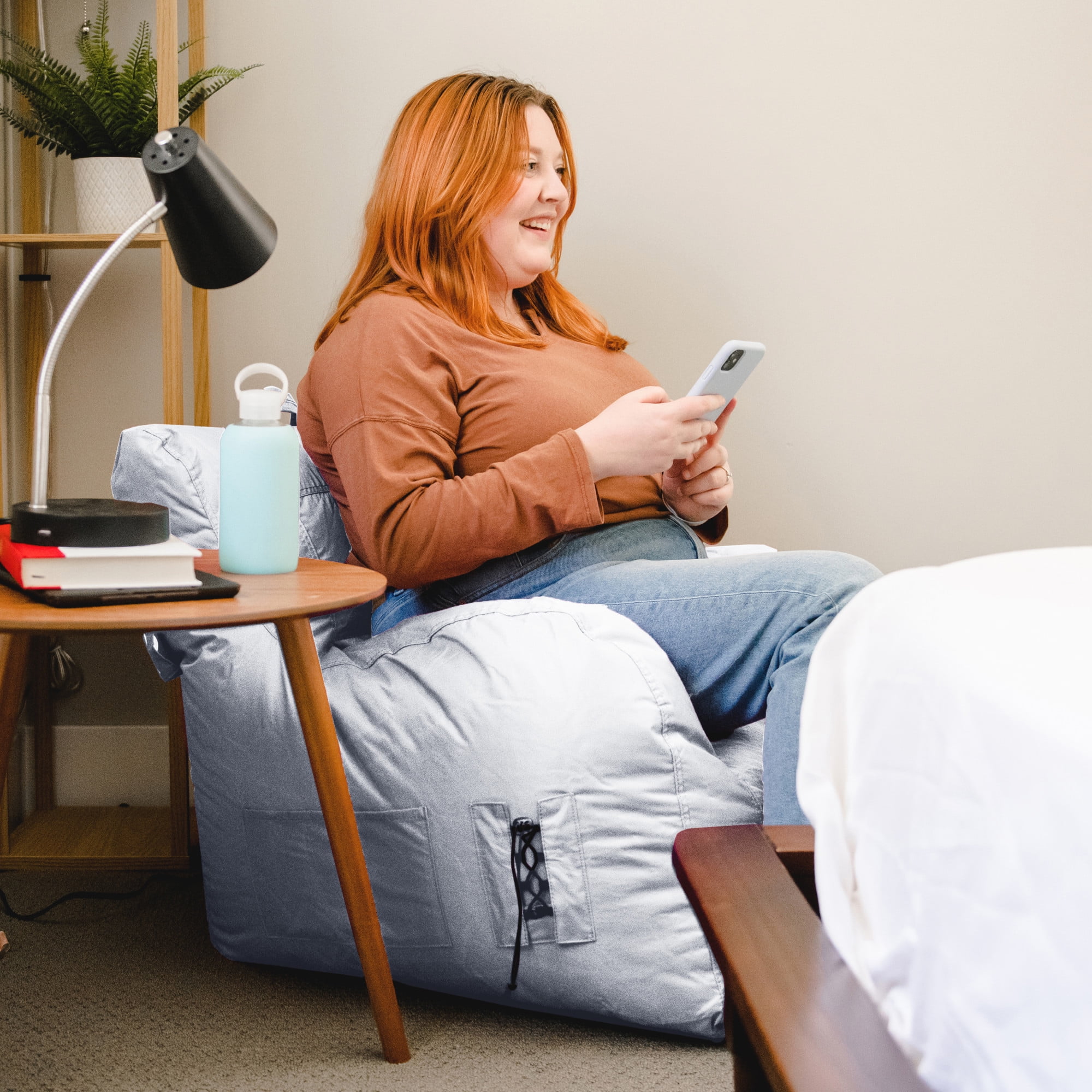 Big Joe Dorm Bean Bag Chair with Drink Holder and Pocket for Teens and Kids, Gray, Durable Easy-Clean Polyester Nylon Blend, 3 foot Gaming and Reading Nook Seat, Refillable