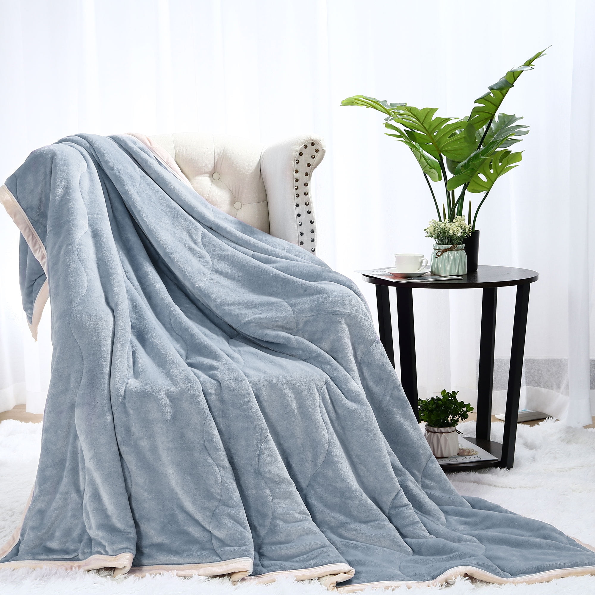 3 Layers Thick Microfiber Flannel Fleece Twin Blanket,59" x 78",Slateblue