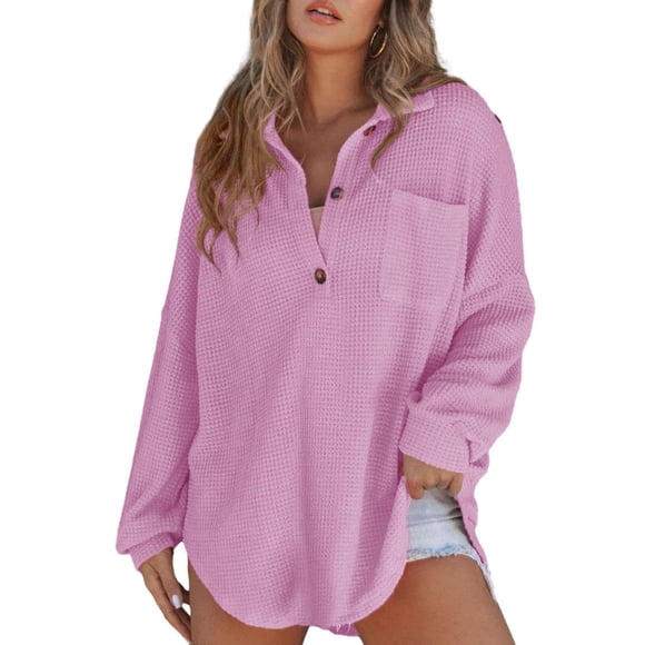 Camisa Henley tipo túnica de punto gofrado superior y elegante para mujer
