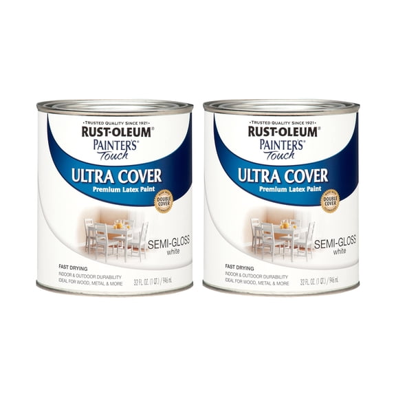 Rust-Oleum 1993502 Painter's Touch Latex Paint, Semi-Gloss White, 1 Quarts (Pack of 2)