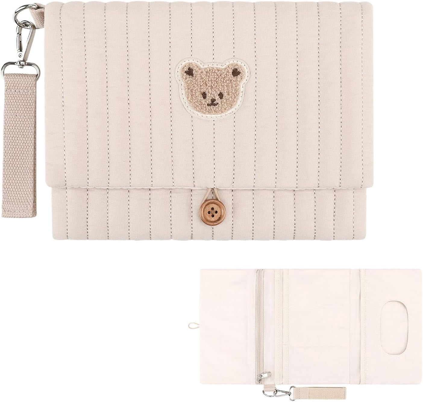 Diaper and Wipes Pouch | Cute Bear Embroidery Foldable Pouch | with Stroller Strap Compartment Diaper Bag Organizers | for