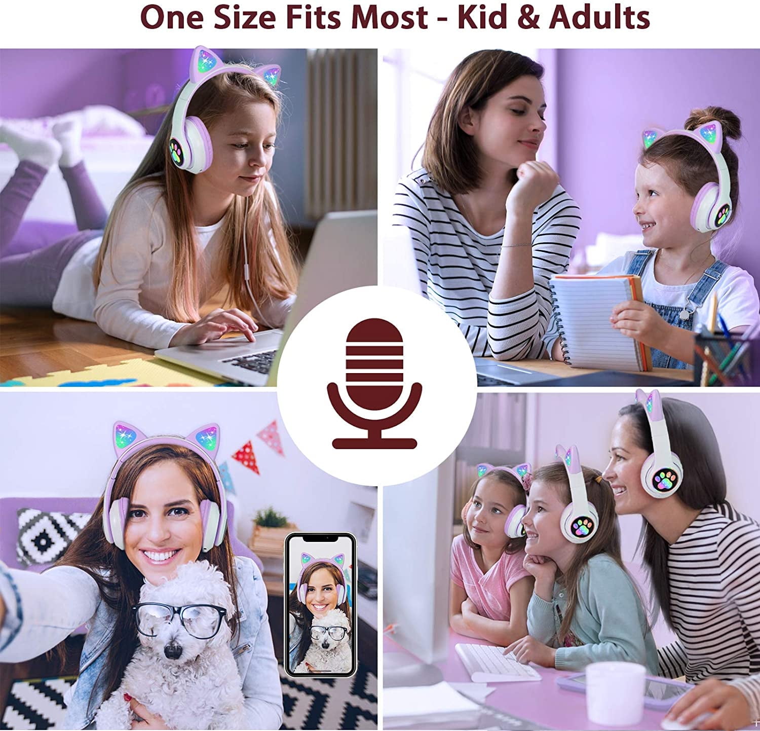 TCJJ Kids Headphones, Cat Ear Wireless Headphones, LED Light Up Kids Bluetooth Headphones Over On Ear w/Microphone for Phone