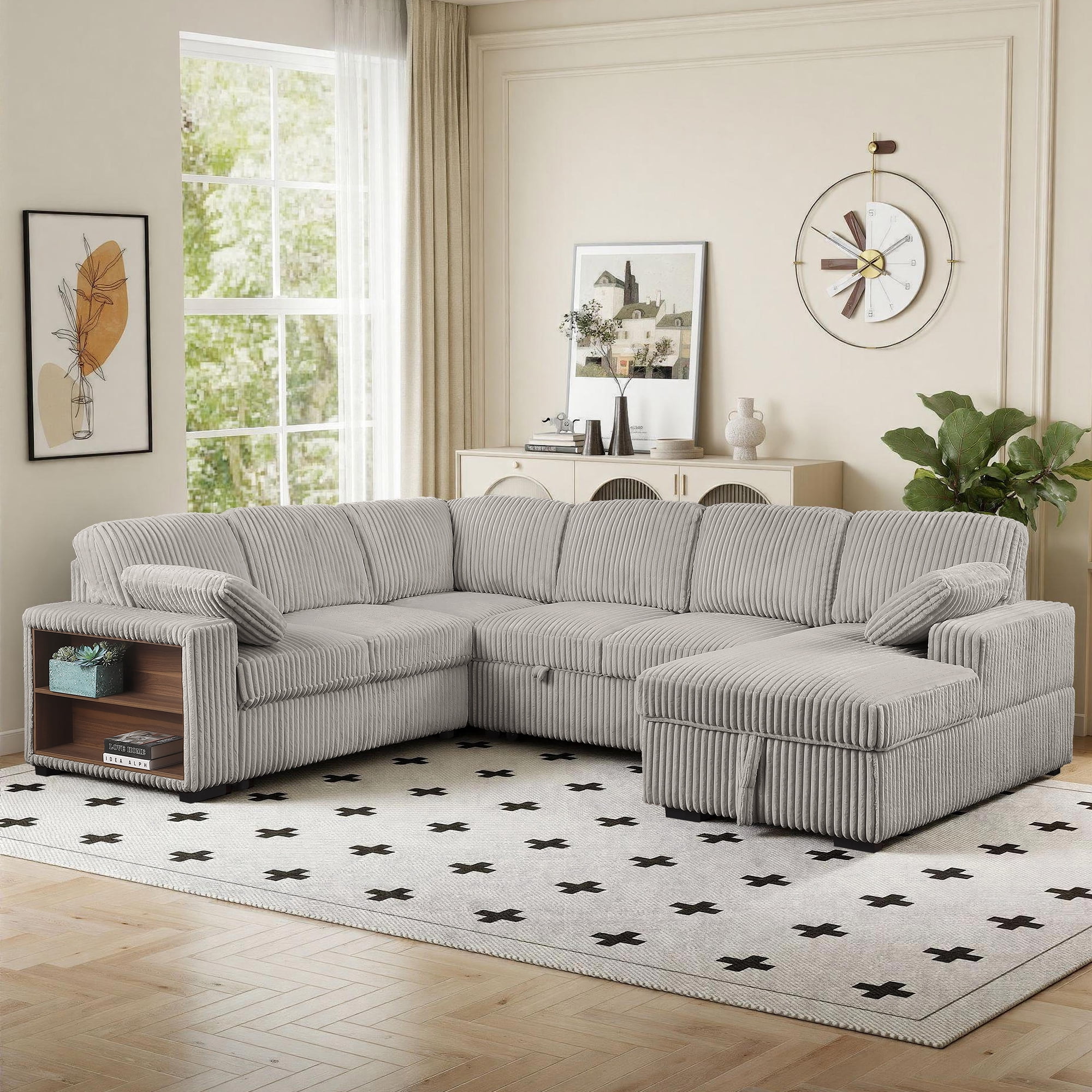 Gewnee 117 inch Sectional Sofa with Pull Out Bed,U-Shaped Modular Sectional with Storage,Cloud Couch for Living Room,Family Room & Apartment,Light Grey