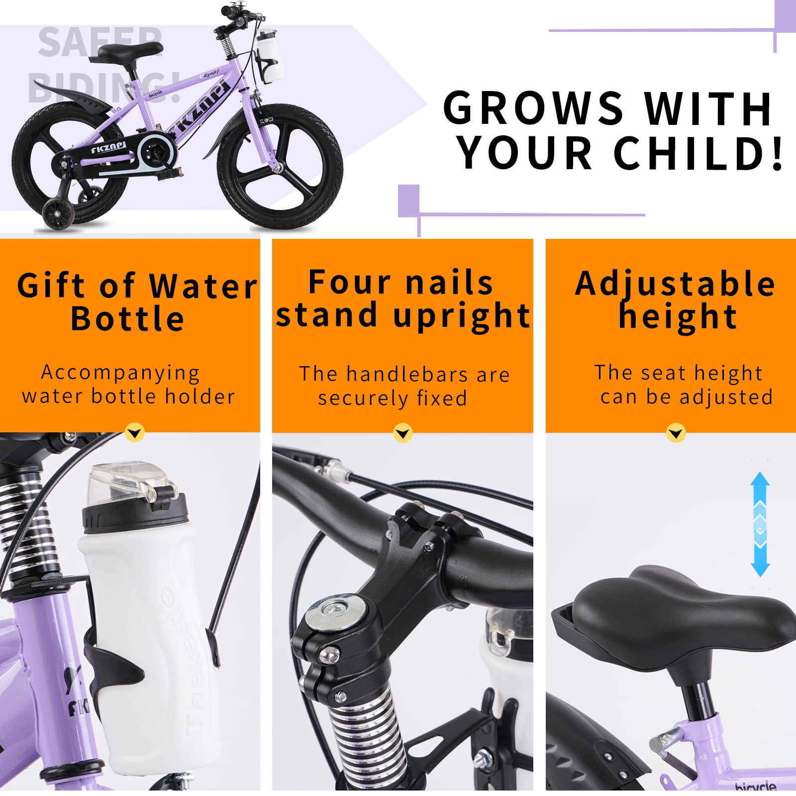 imerelez 18 Inch Kids Bike with Training Wheels,High Carbon Steel Frame & Magnesium Alloy Wheels,Night Glow Training Wheels,Adjustable Seat,Includes Water Bottle,for Ages 5-9,Purple