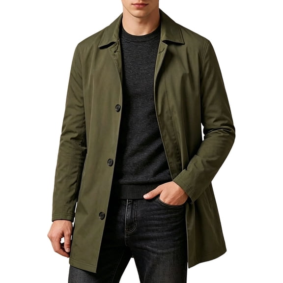 Iyufng Mid Length Notch Lapel Trench Coat for Men Single Breasted Button Lightweight Water Resistant Business Casual Overcoat Daily Walking