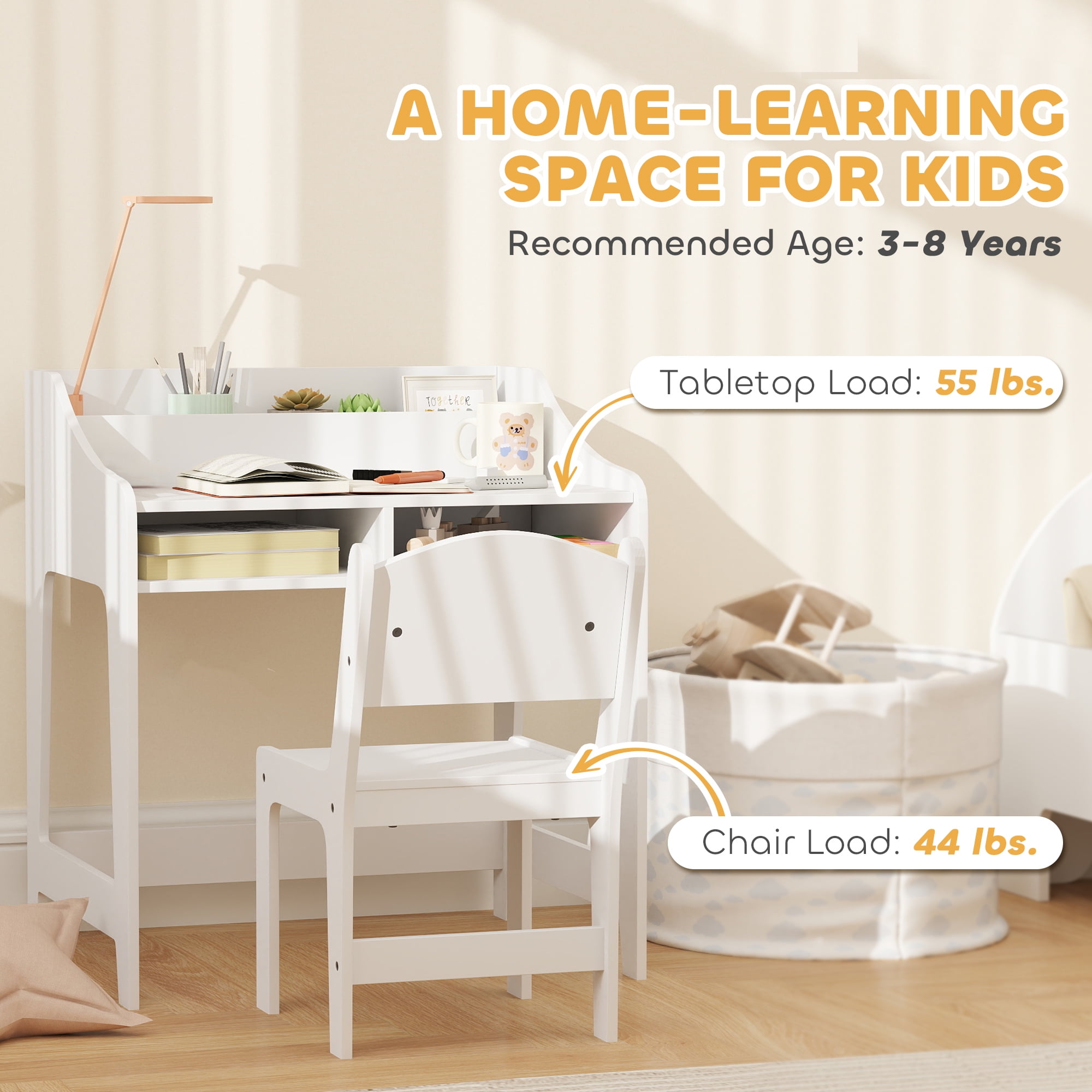 Qaba Kids Desk and Chair Set, Children Study Table with Storage Shelves, Student Writing Desk for Bedroom & Study Room, 3-8 Years Old, White