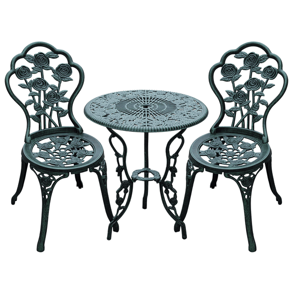 Antique Green 3-Piece Cast Iron Bistro Set - Patio Table & Chairs for Balcony, Porch & Garden - Verdigris Finish, 23.5" Round Table