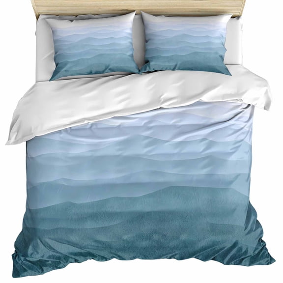 Blue Coastal Wave Bedding 3 Piece Duvet Cover Set Queen Size, Summer Ocean Nautical Beach Ombre Soft Microfiber Comforter Cover with Zipper Closure & Pillowcases, Wrinkle & FadeResistant Quilt Cover