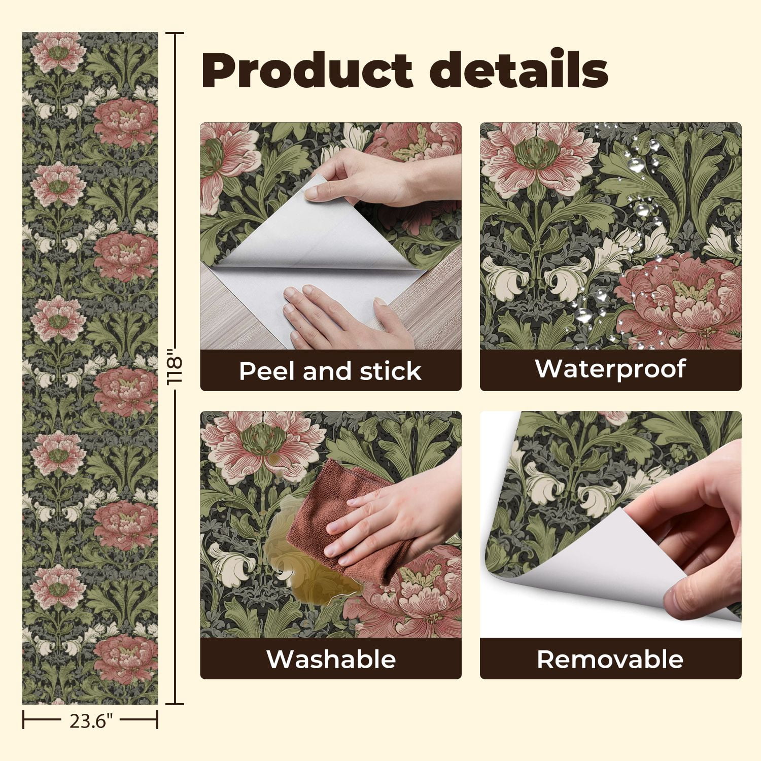 Farmhouse Peel and Stick Wallpaper Vintage Floral Peonies Ornate Leaves Dark Wall Mural 23.6in x 9.8ft Self Adhesive Removable Wall Paper Renter Friendly Wallpaper for Nursery Bedroom Cabinets
