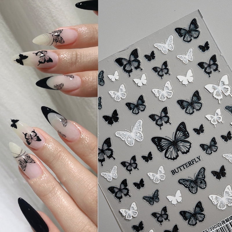 5D New Craft Butterfly Nail Art Sticker Ultra-thin Slider Decoration Transparent Decals Black/White/Pink Self Adhesive Sticker