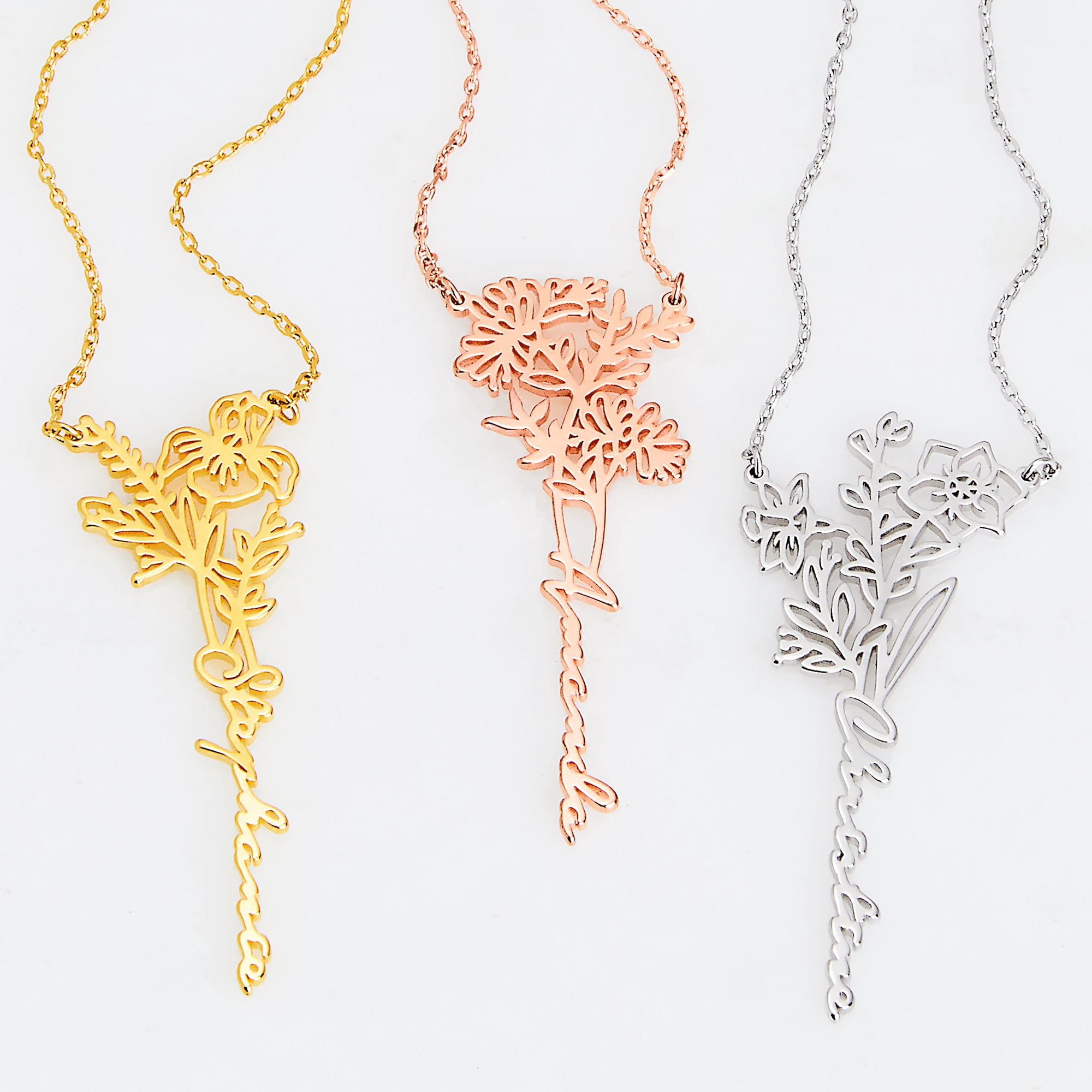 Personalized Planet Women's Personalized Vertical Script Name with Birthmonth Flower Necklace