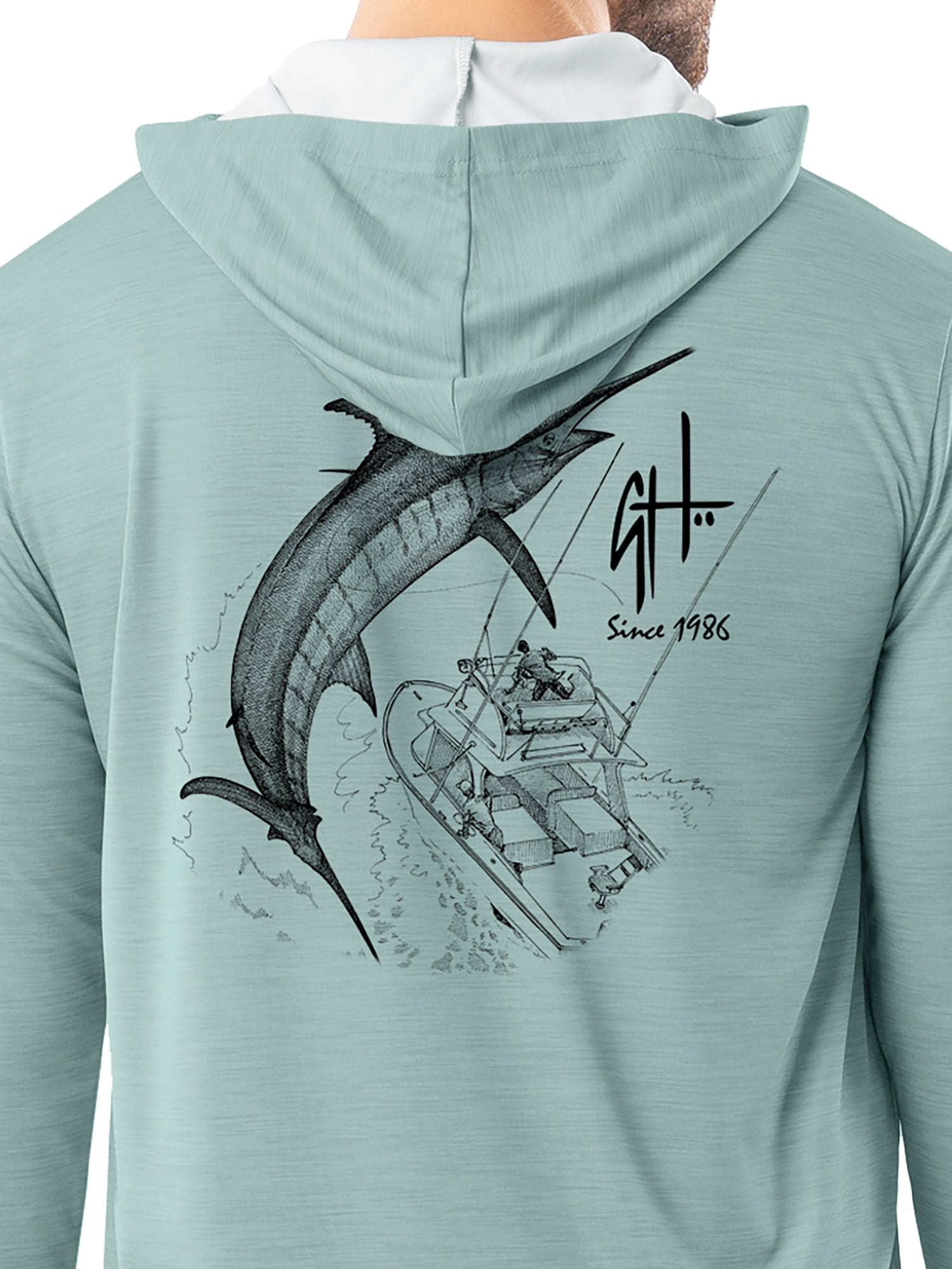 GH BY GUY HARVEY Men's Long Sleeve Performance Fishing Graphic Hoodie, Surf Spray, M