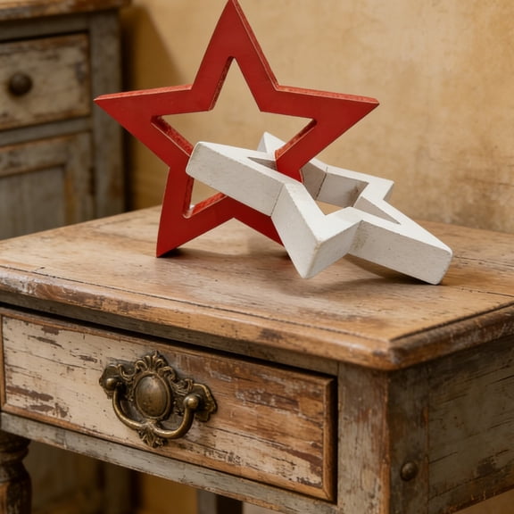 Red White and Blue Patriotic Star Decor, 4Th of July Decorations, 1 Pc Wooden Tabletop Accent, Coffee Table Decor for Living Room