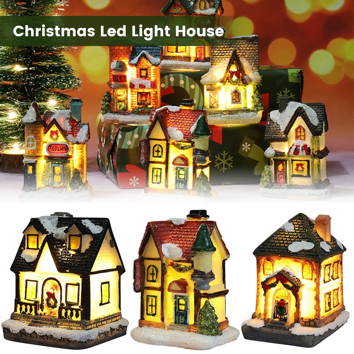 Christmas Figurine Houses Sets with LED Light Tabletop Ornaments Cute for Kid Adult Christmas Snow Scene Village House Building Set 