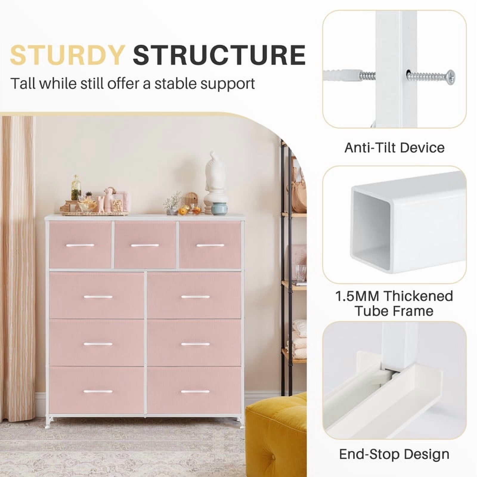 Simenmax 9 Dresser, Storage Drawers with Removable Fabric Bins, Fabric Closet Chests Organizer for Bedroom, Closet, Living Room, Pink