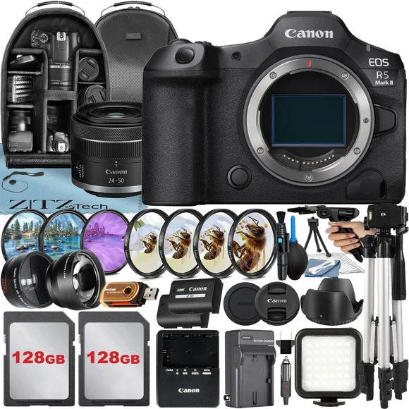 Canon EOS R5 Mark II Appareil Photo Sans Miroir avec Objectif RF 24-50mm + Grand-Angle + Lot de 2 Cartes Mémoire 128 Go + Sac à Dos + Flash LED + Accessoire ZeeTech