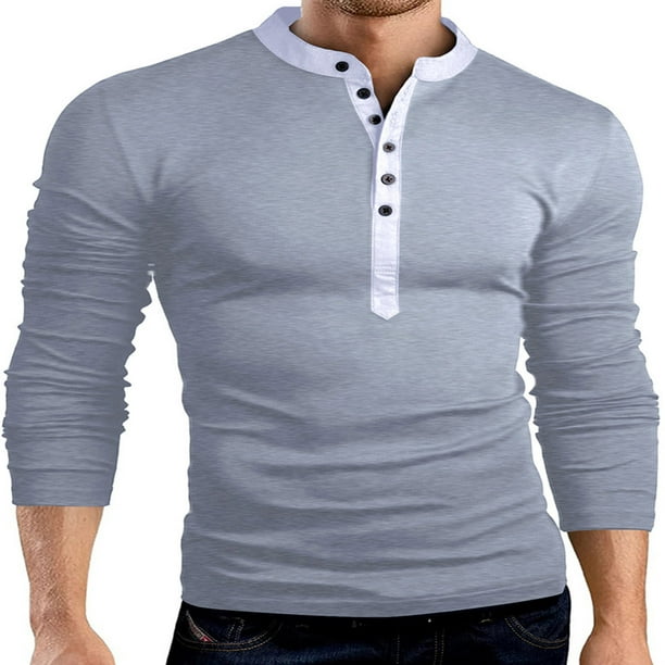 pstuiky camisas de manga larga para hombre, Camiseta de manga larga con cuello alto falso de color liso para hombre, con múltiples botones y preimpregnación salir tops xl