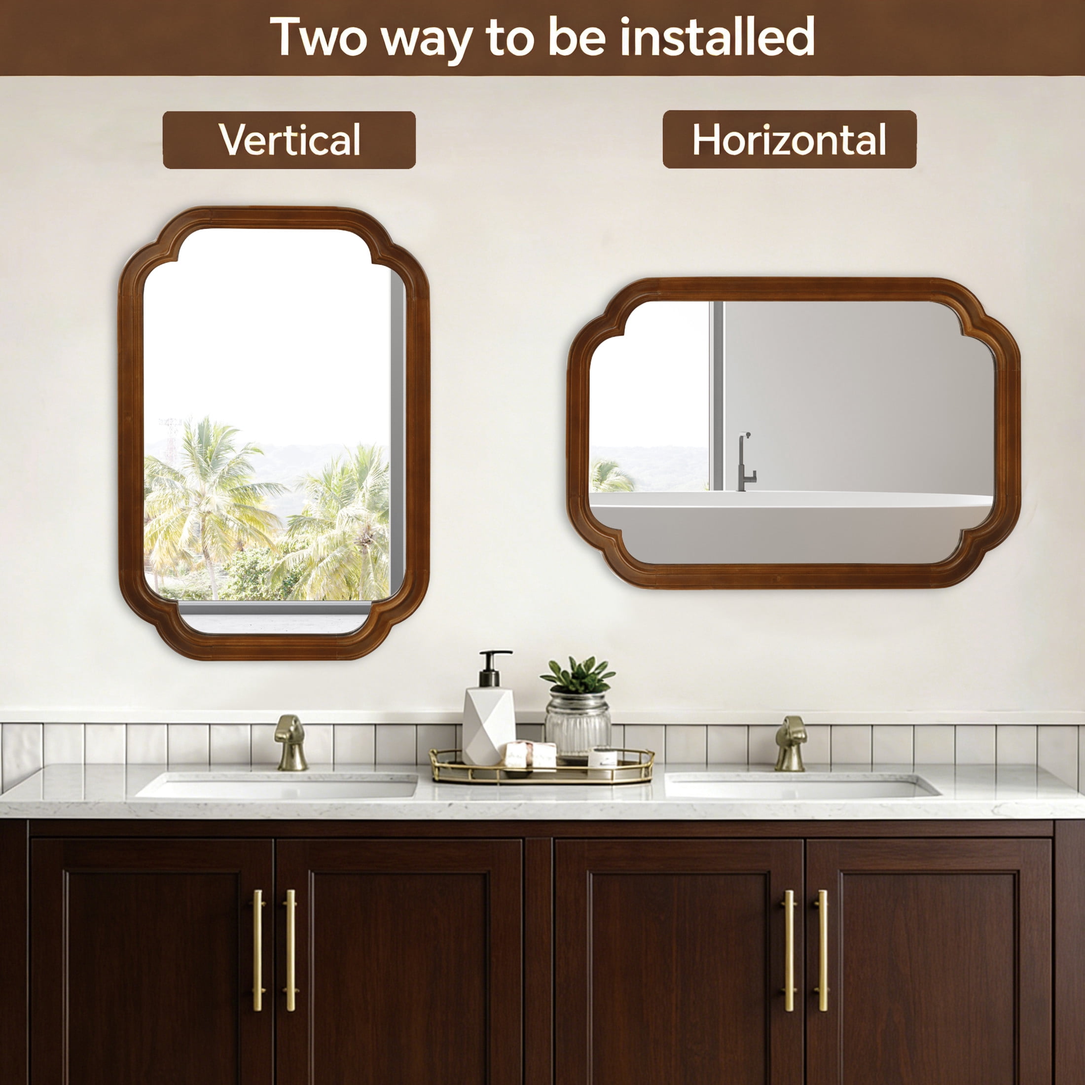 Noble House 20"x30" Rounded Corner Solid Wood Wall Mirror, Decorative Bathroom Rectangle Accent Mirror, Walnut