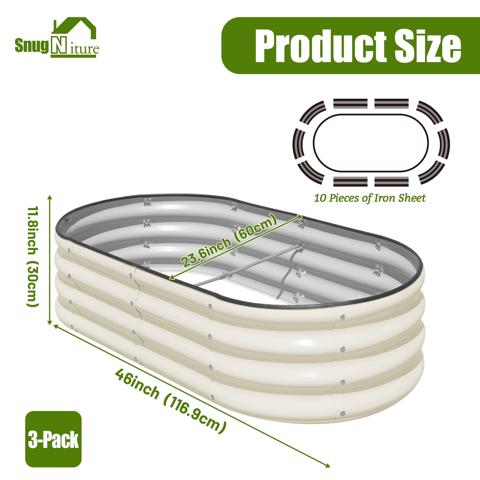 SnugNiture Raised Garden Bed, 3Pcs 4x2x1ft Galvanized Metal Planter Box, White