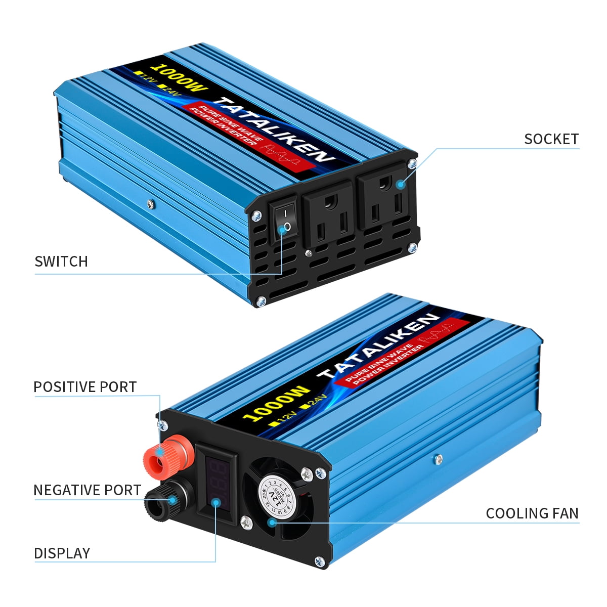 TATALIKEN 1000W（Rating power 400 W）Pure Sine Wave Power Inverter DC 12V to AC 110V/120V Car Inverter with Battery Clamp Cable 2 AC Outlets for Power Tools Home Vehicles RV Truck, LCD Display Blue