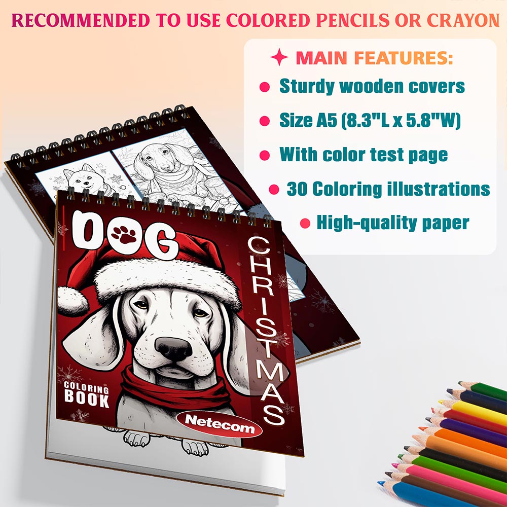 Netecom Christmas Dog Coloring Book Spiral Bound For Adults, A5 Wooden Cover, 30 Fun Coloring Pages of Cute Dogs Enjoying the Christmas Atmosphere for Stress Relief and Relaxation
